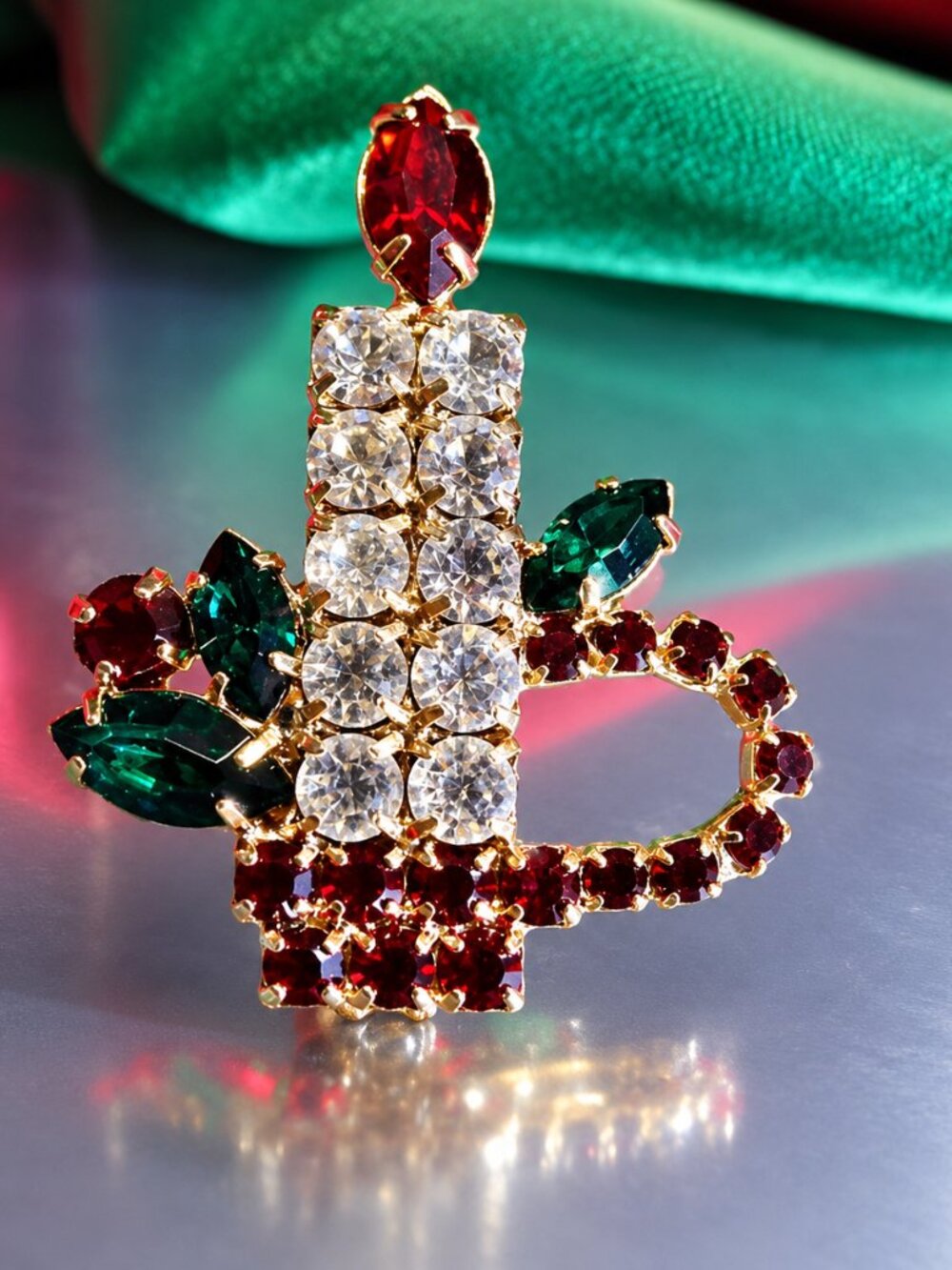 1960s Vintage Christmas Candle Pin Red Green Crystals